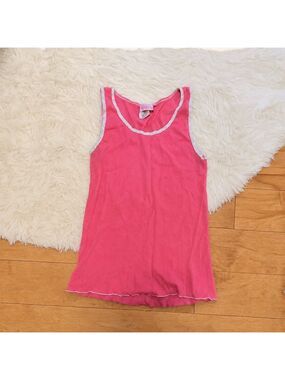Vintage Sparkle Pink Ribbed Lace Trim Tank Top Women Small Y2K Coquette Vibe